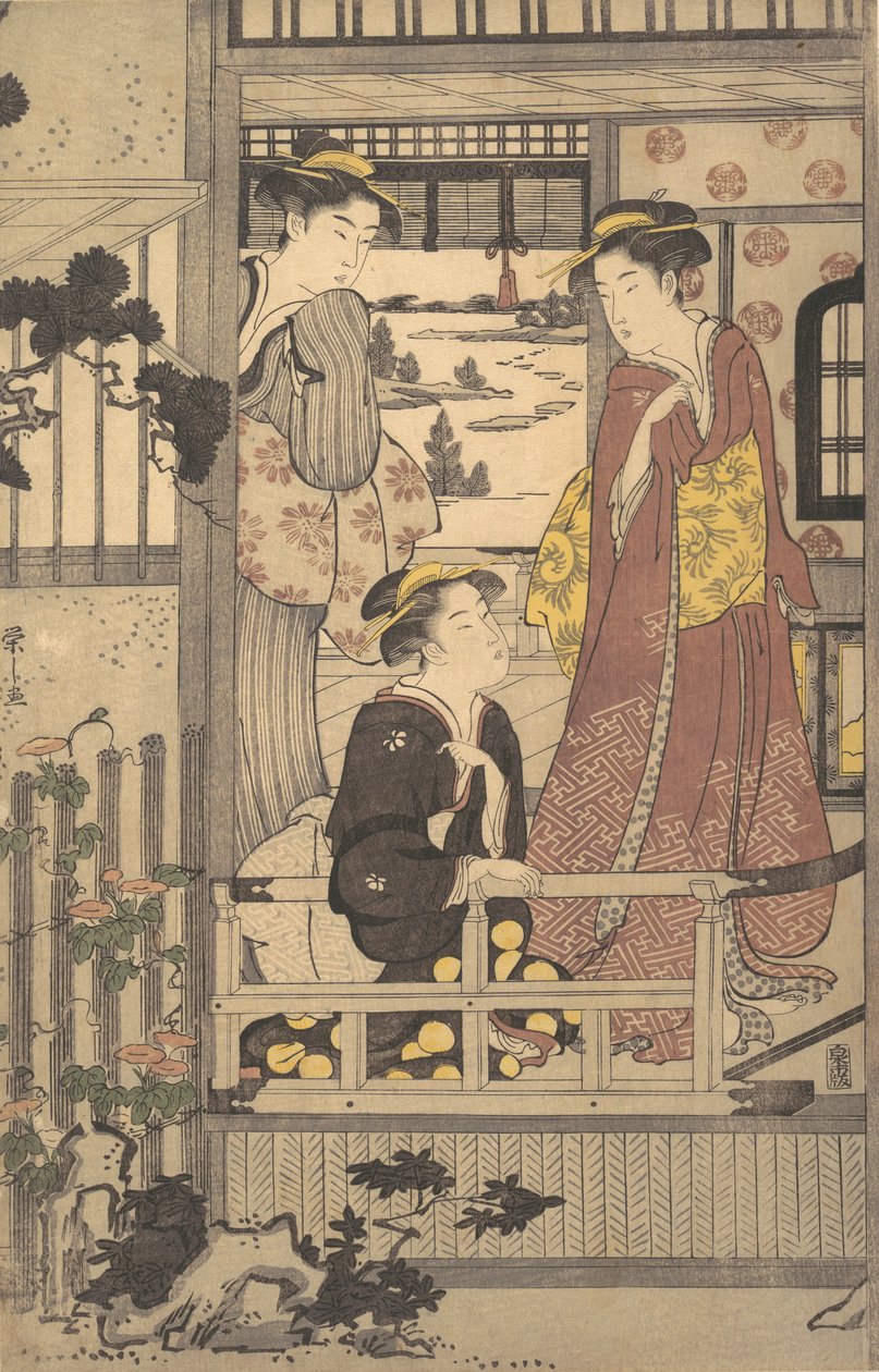 Tre kvinnor på en veranda, 1756-1829. av Hosoda Eishi