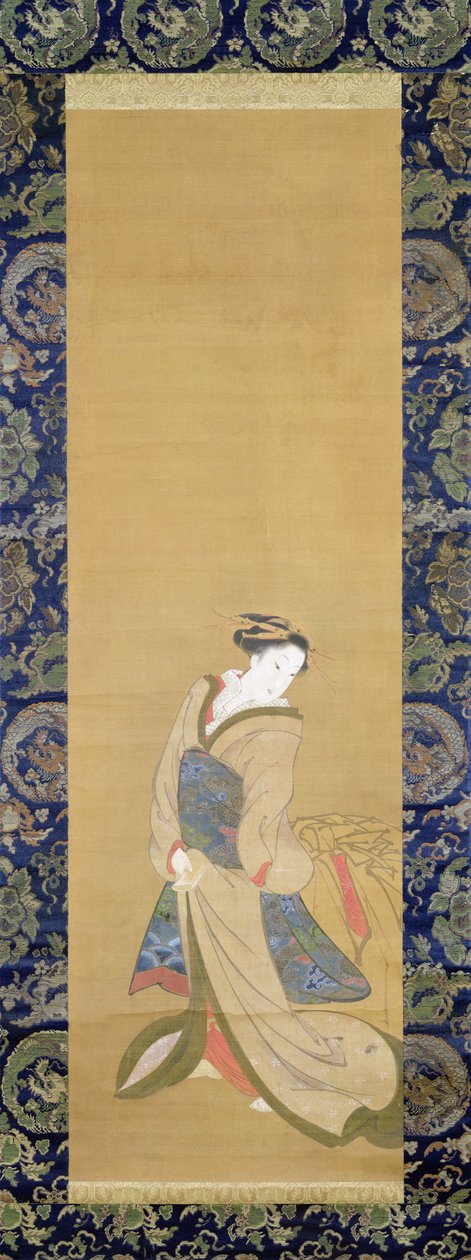En elegant kvinna i en blå Obi (penna och bläck på siden) av Hotei Gosei