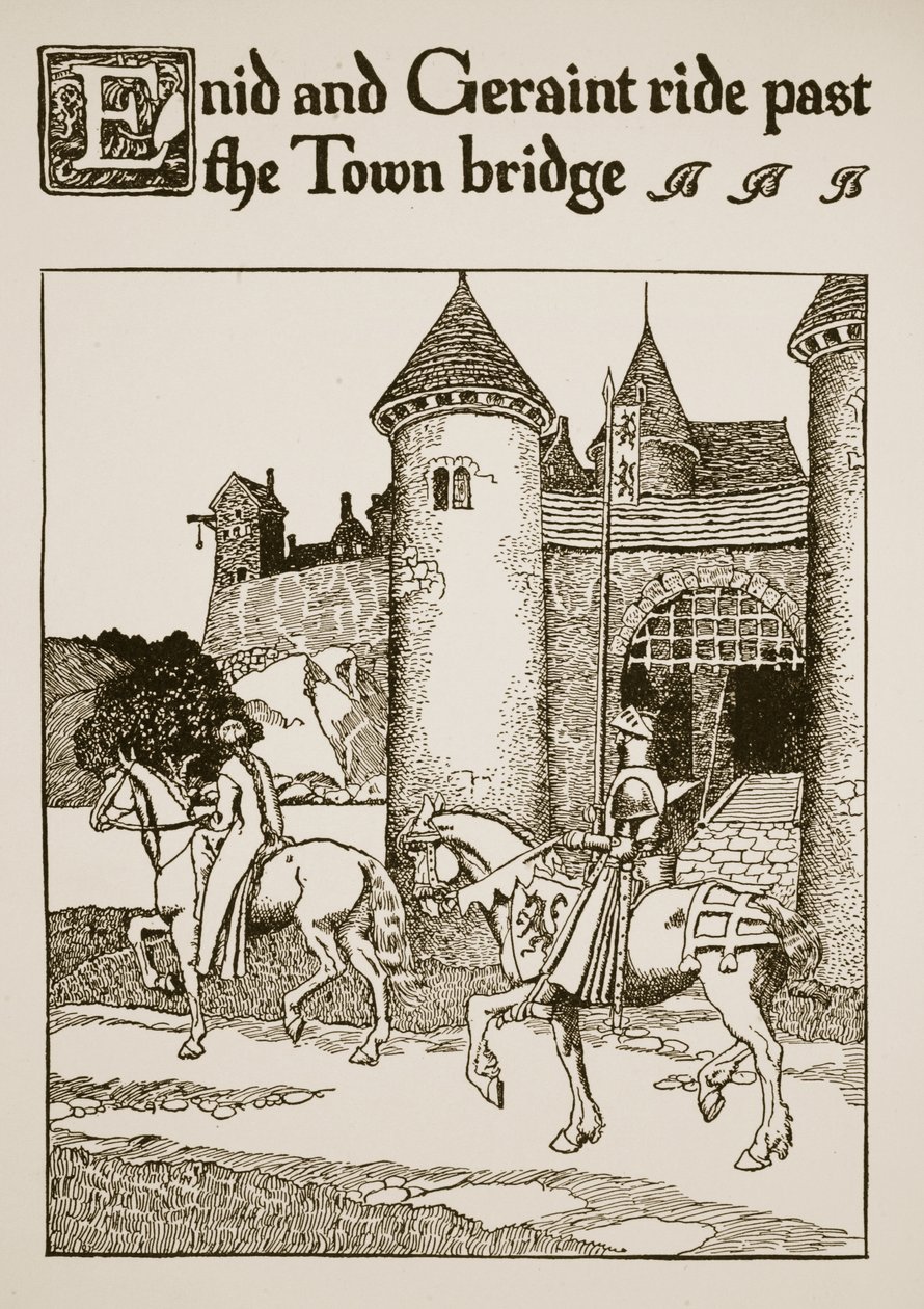 Enid och Geraint rider förbi Town Bridge, illustration från 
