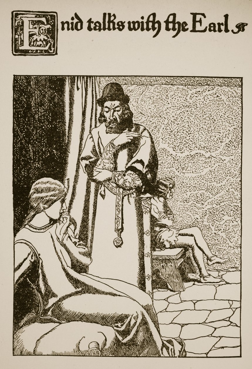 Enid pratar med greven, illustration från "The Story of the Grail and the Passing of Arthur", ca 1910 av Howard Pyle