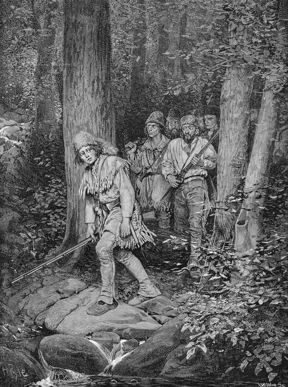 Joseph Brown Leading his Company to Nicojack, the Stronghold of the Chickamaugas, graverad av Robert Hoskin, illustration från "The Southern Gateway to the Alleghanies" av Edmund Kirke, pub. i Harper av Howard Pyle