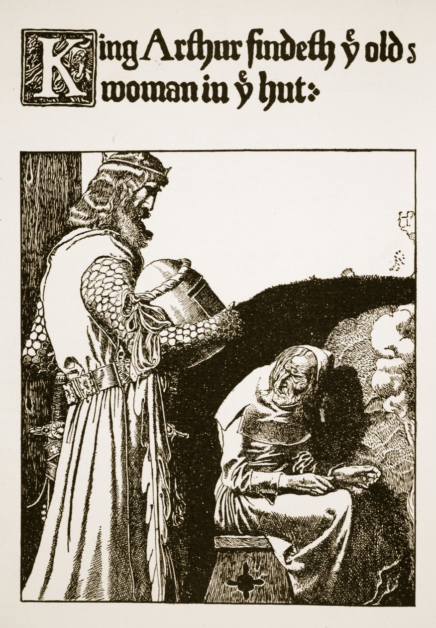 Kung Arthur hittar årig kvinna i ye hut, illustration från 