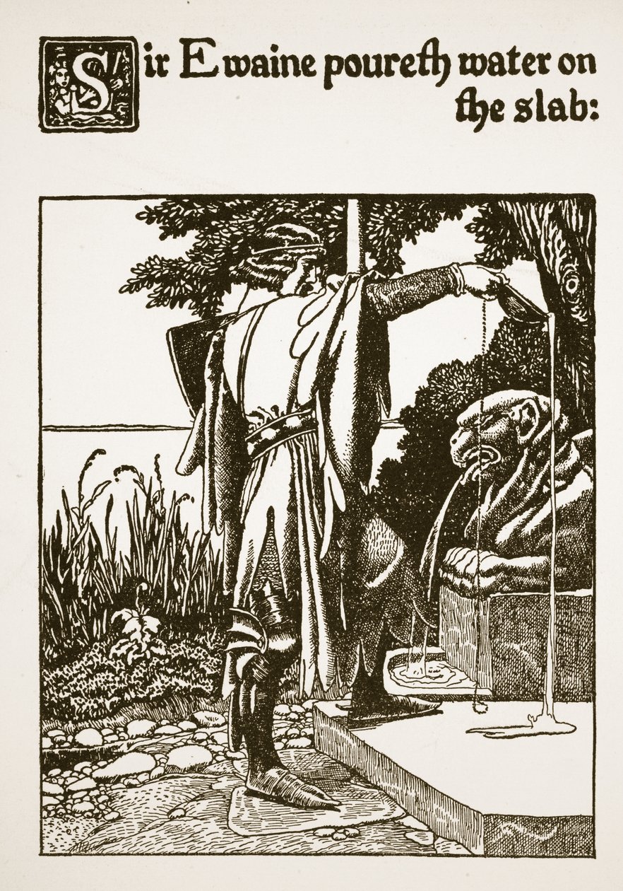 Sir Ewaine häller vatten på plattan, illustration från 