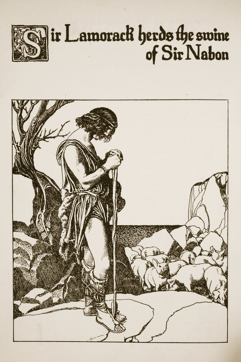 Sir Lamorack vallar Sir Nabons svin, illustration från "The Story of the Champions of the Round Table" av Howard Pyle