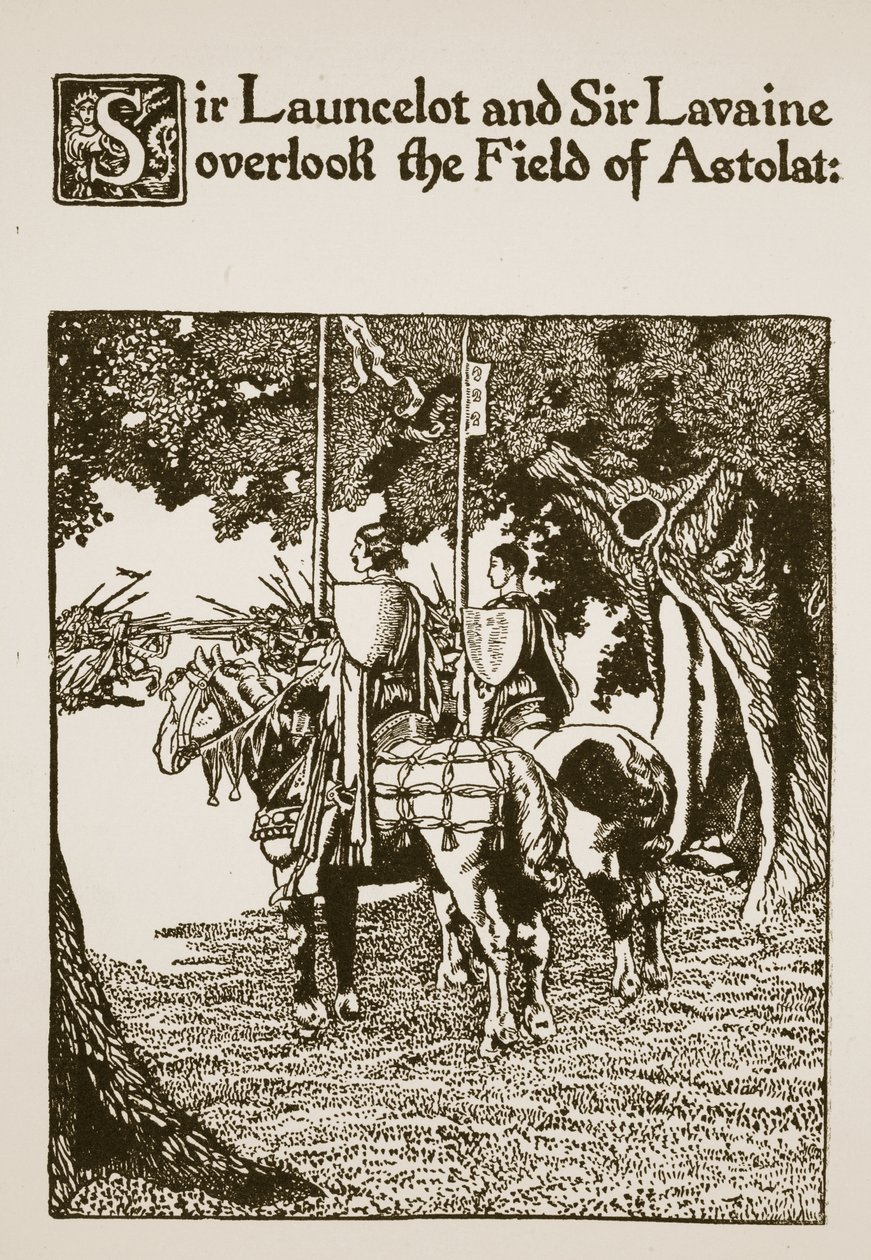 Sir Launcelot och Sir Lavaine har utsikt över Astolats fält, illustration från 