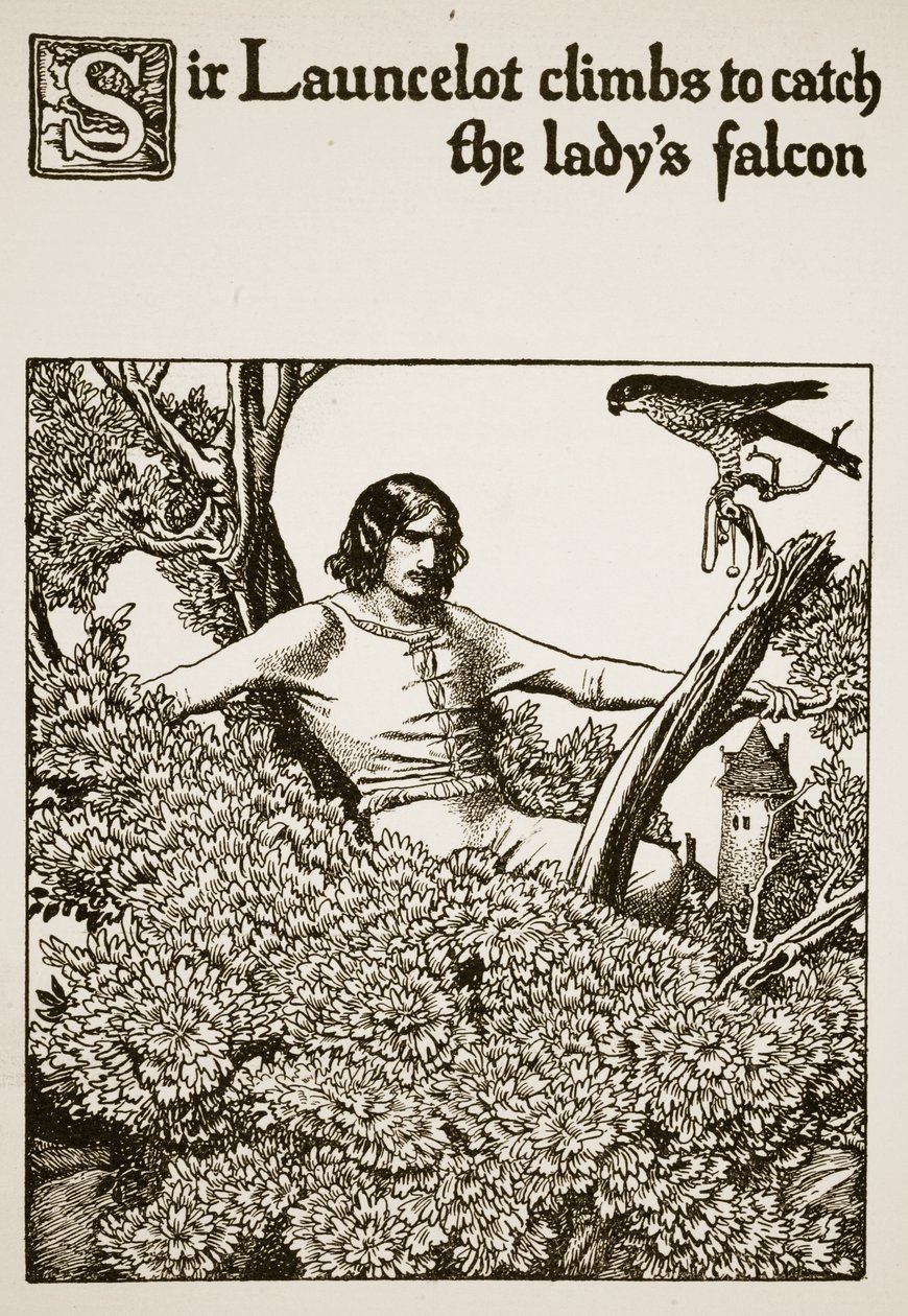 Sir Launcelot klättrar för att fånga damens falk, illustration från "Historien om mästarna vid det runda bordet". av Howard Pyle
