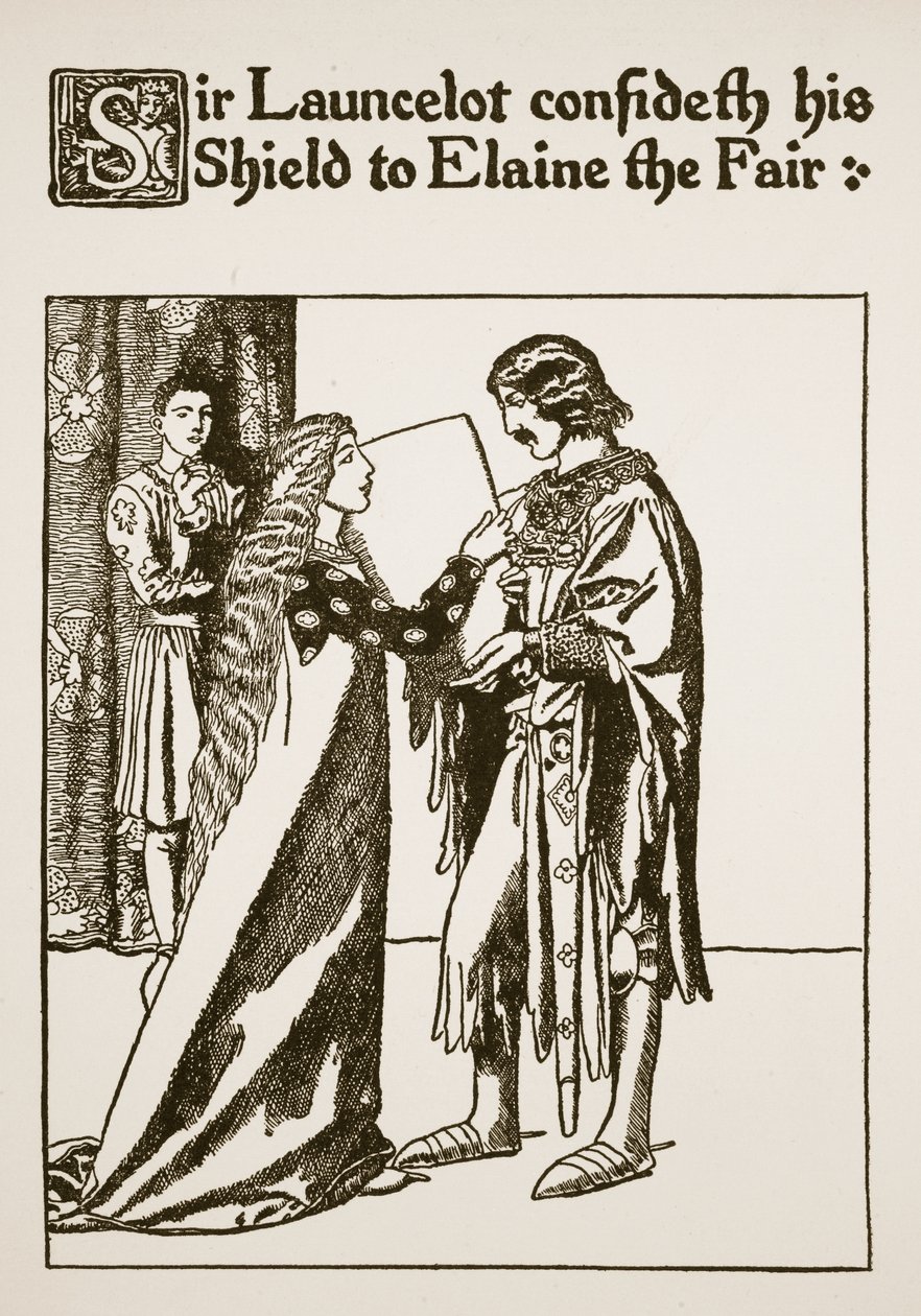 Sir Launcelot anförtror sin sköld till Elaine the Fair, illustration från 