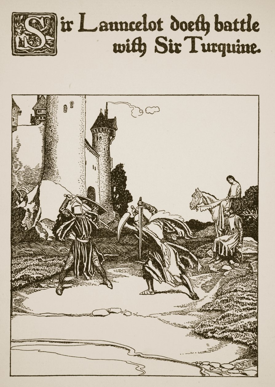 Sir Launcelot kämpar mot Sir Turquine, illustration från "The Story of the Champions of the Round Table" av Howard Pyle