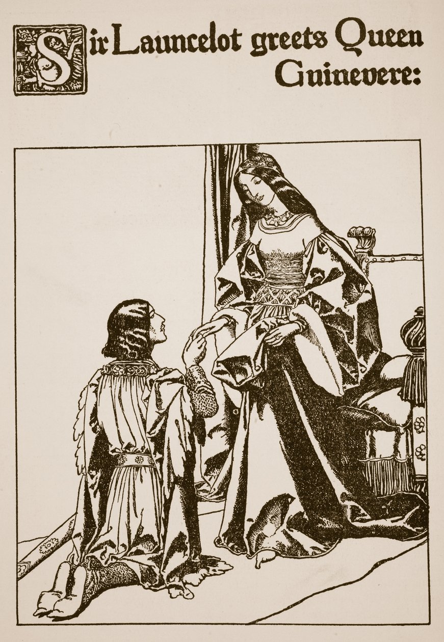 Sir Launcelot hälsar drottning Guinevere, illustration från "The Story of the Champions of the Round Table" av Howard Pyle