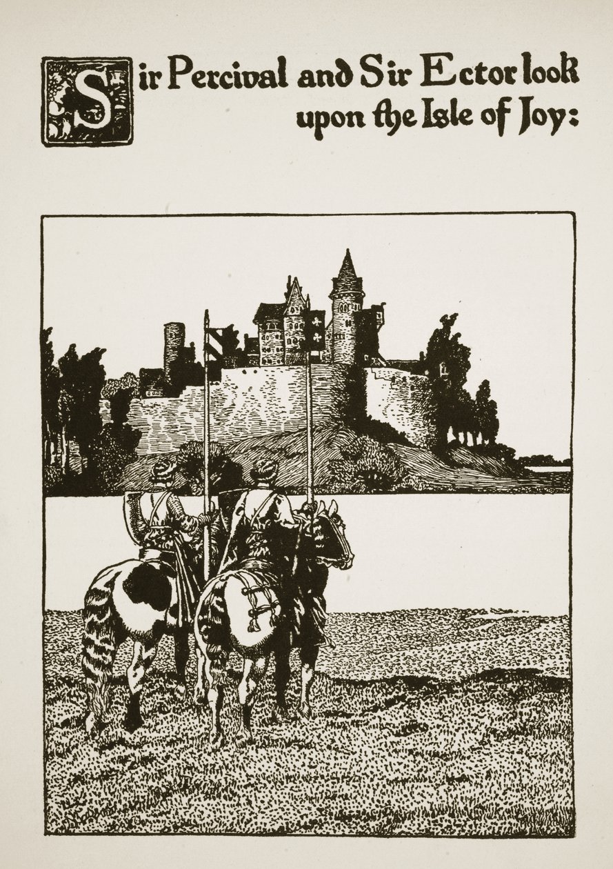 Sir Percival och Sir Ector tittar på Isle of Joy, illustration från "The Story of Sir Launcelot and his Companions", 1907 av Howard Pyle