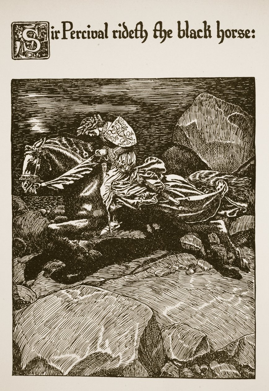 Sir Percival rider på den svarta hästen, illustration från 