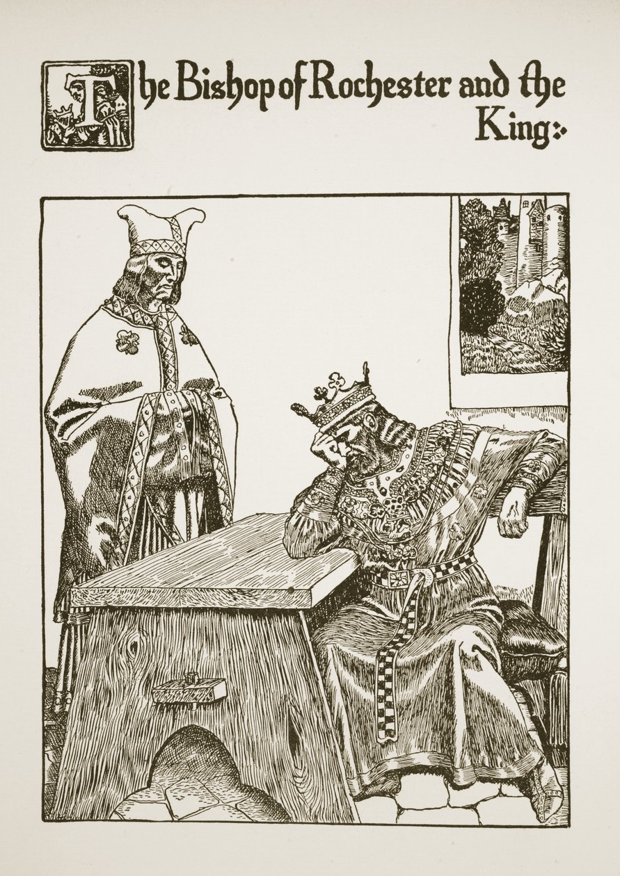 Biskopen av Rochester och kungen, illustration från "The Story of the Grail and the Passing of Arthur", ca 1910 av Howard Pyle