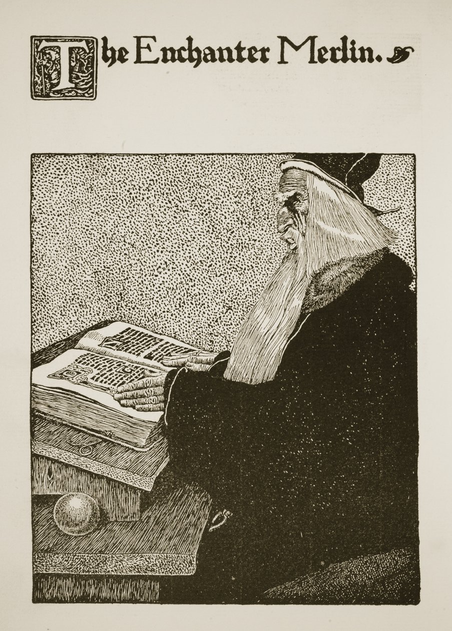 Trollkarlen Merlin, illustration från "Berättelsen om kung Arthur och hans riddare", 1903 av Howard Pyle