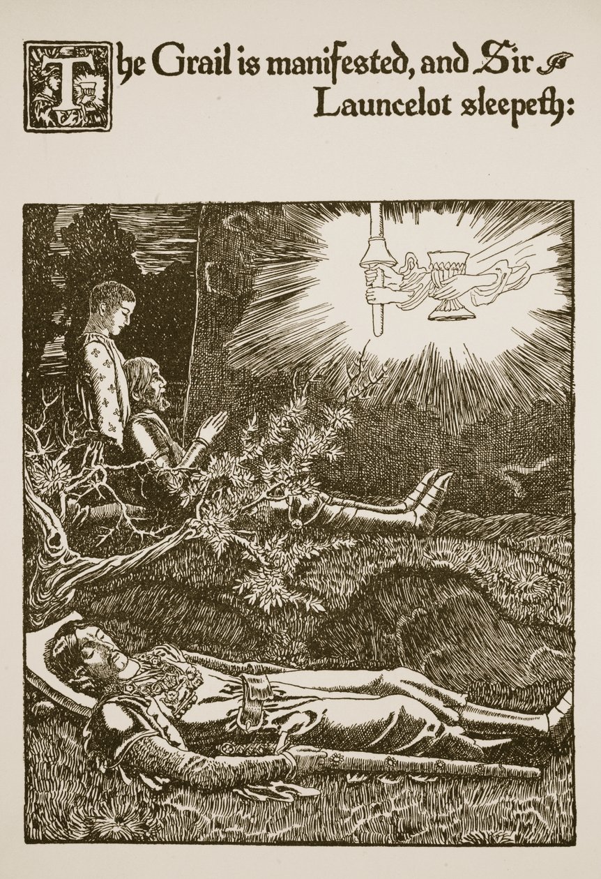 Graalen manifesteras, och Sir Launcelot sover, illustration från 