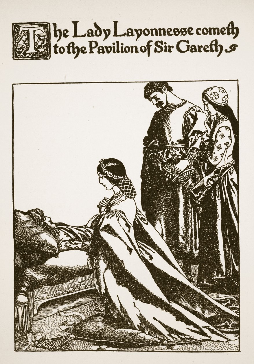 Lady Layonnesse kommer till Sir Gareths paviljong, illustration från "The Story of Sir Launcelot and his Companions", 1907 av Howard Pyle