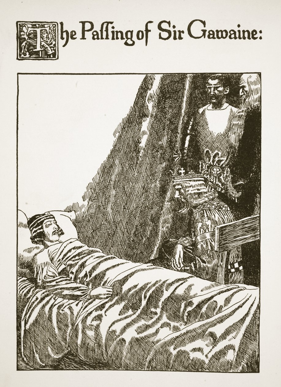 Sir Gawaines bortgång, illustration från "The Story of the Grail and the Passing of Arthur", c.1910 av Howard Pyle