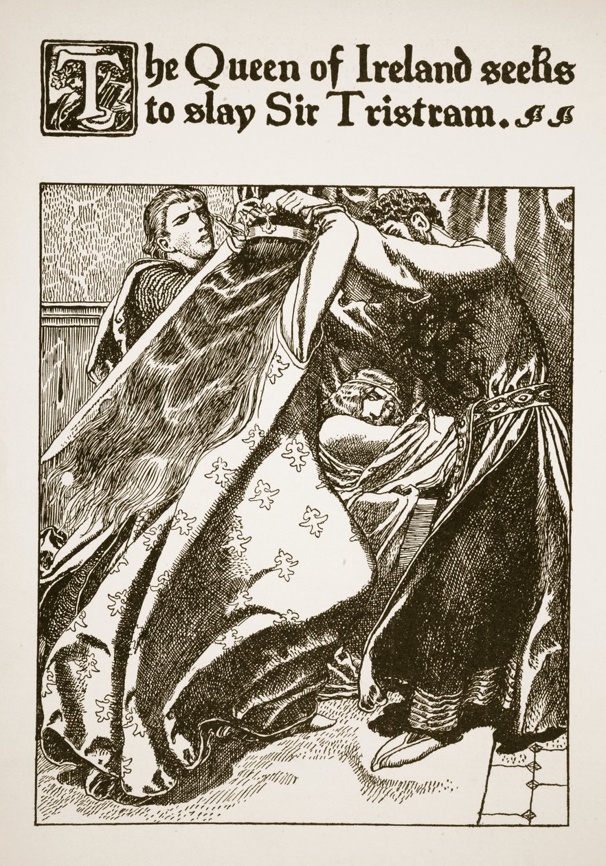 Drottningen av Irland försöker döda Sir Tristram, illustration från "The Story of the Champions of the Round Table" av Howard Pyle