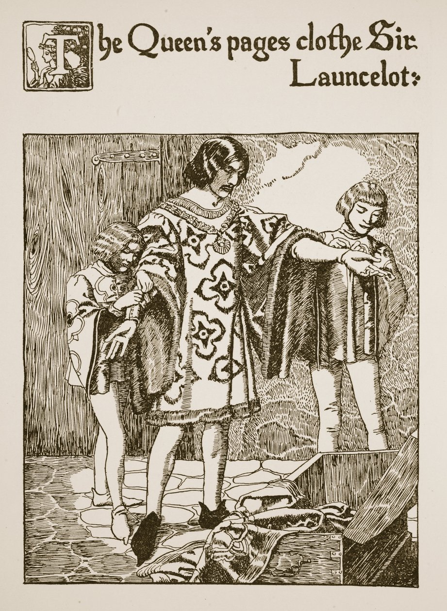 Drottningens sidor klär Sir Launcelot, illustration från "The Story of the Grail and the Passing of Arthur", omkring 1910. av Howard Pyle