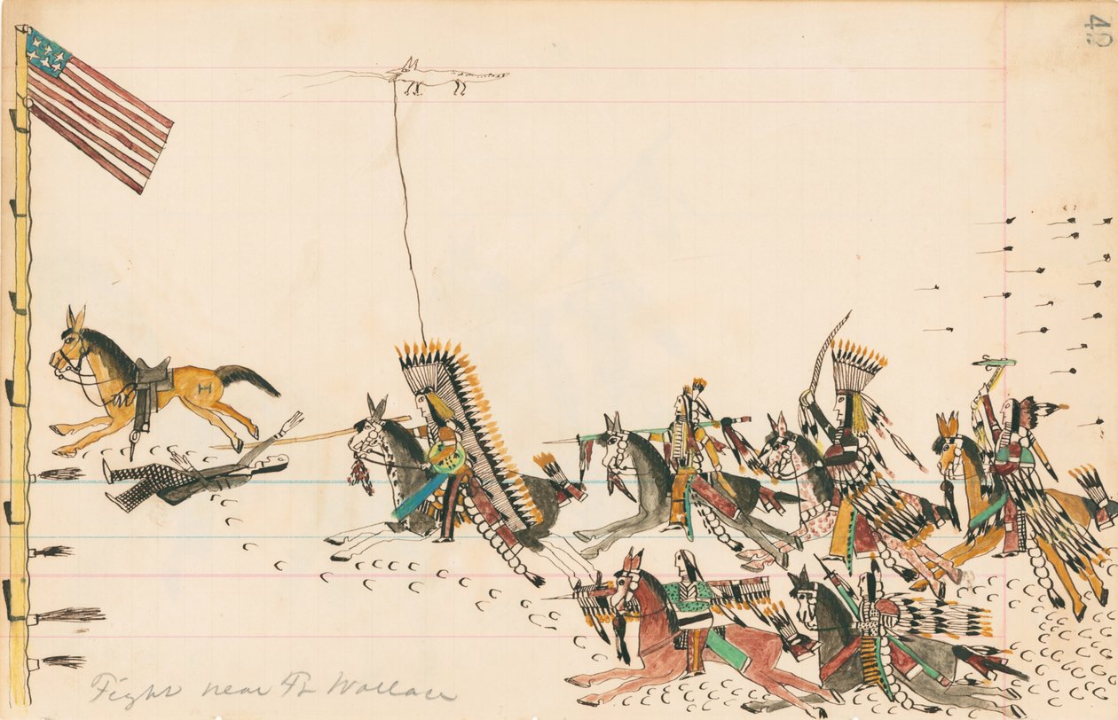 Slåss nära Ft. Wallace, 1874-75 (penna, bläck och wc på huvudbokpapper) av Howling Wolf