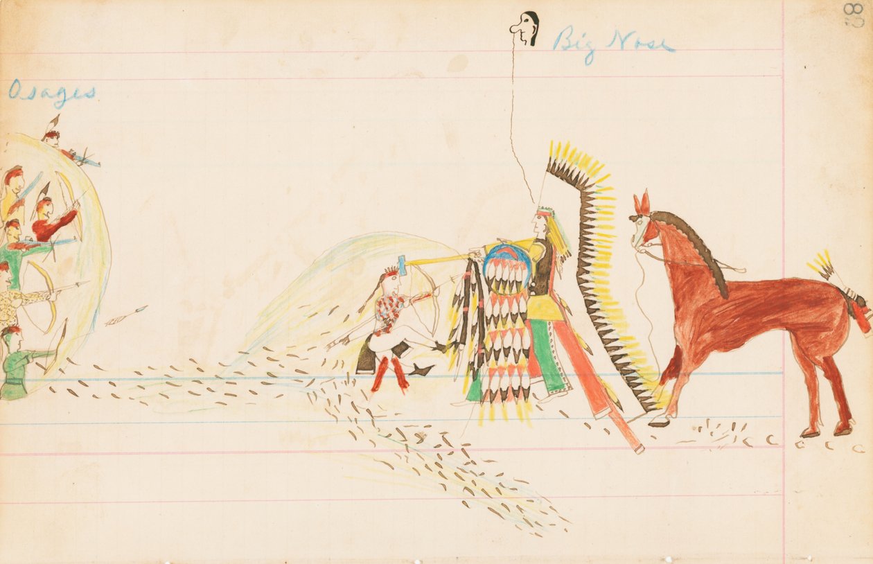 Osages, Big Nose, 1874-75 (penna, bläck och bläck på huvudbokspapper) av Howling Wolf