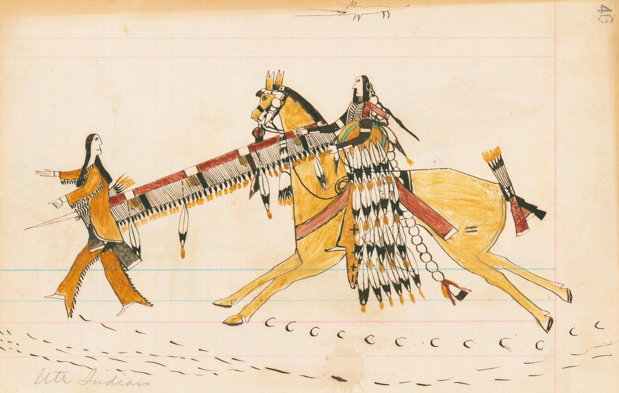 Ute-indian, 1874-75 (penna, bläck och wc på huvudbokspapper) av Howling Wolf