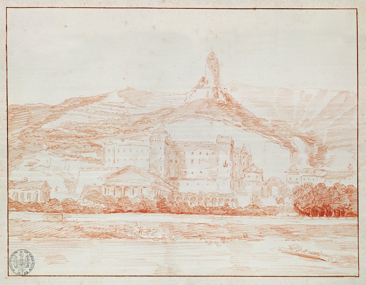 Château de La Roche-Guyon (rödkrita på papper) av Hubert Robert