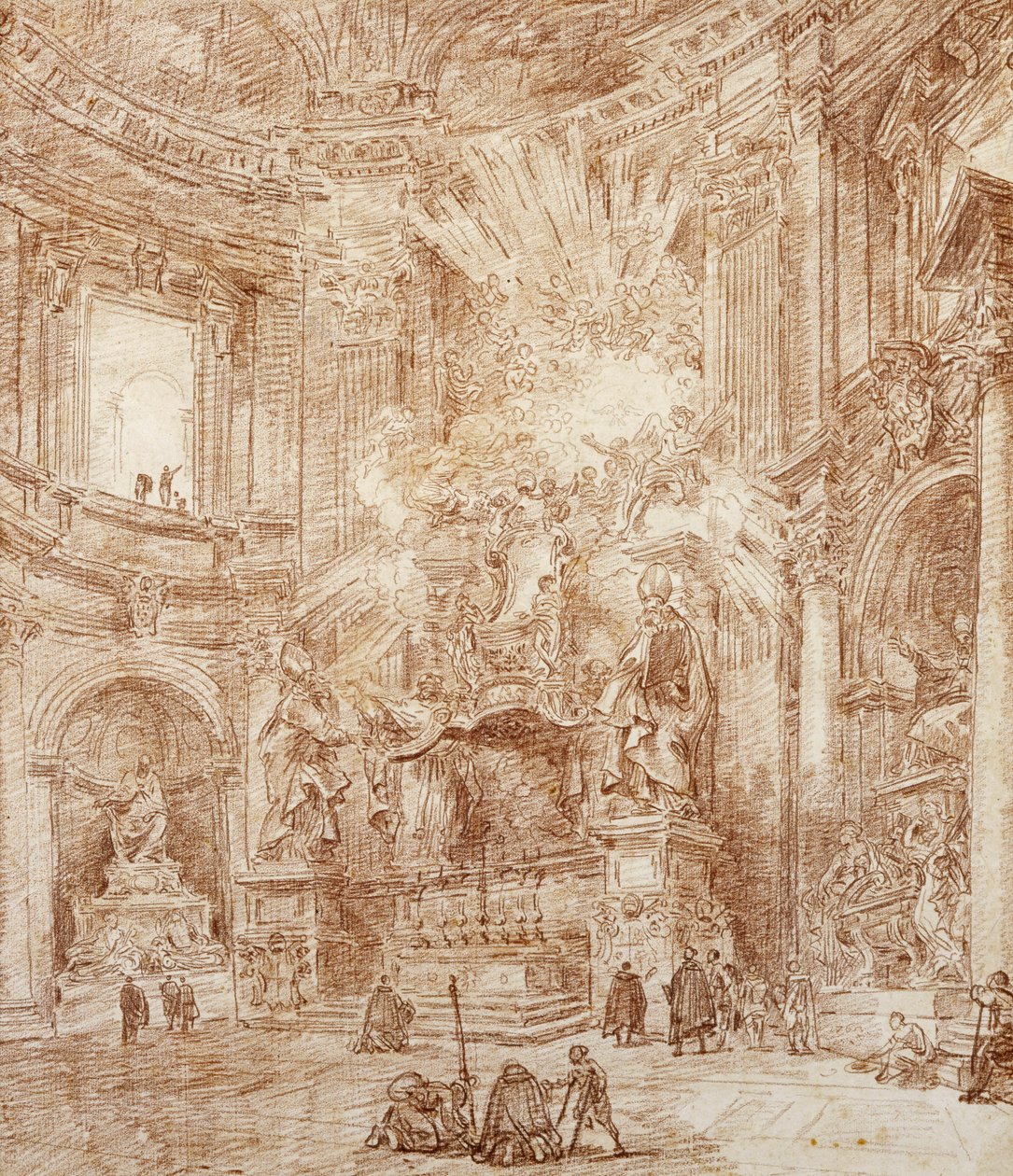 Interiör av en kyrka (röd krita på papper) av Hubert Robert