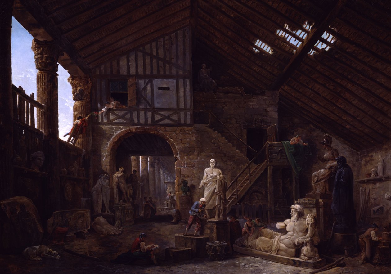 Studio för en antikviteter återställare i Rom av Hubert Robert