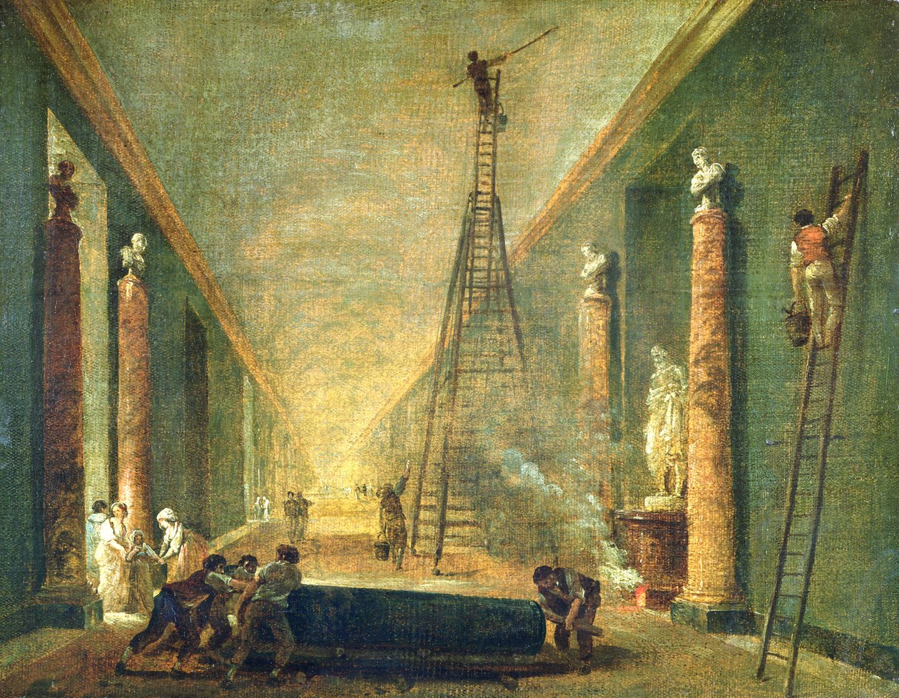 Utsikt över Louvrens stora galleri under restaurering, 1798-99 av Hubert Robert