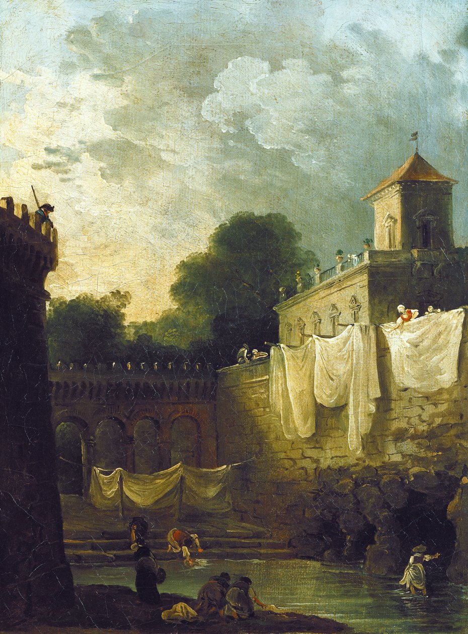 Tvättkvinnor i vallgraven i en italiensk villa av Hubert Robert