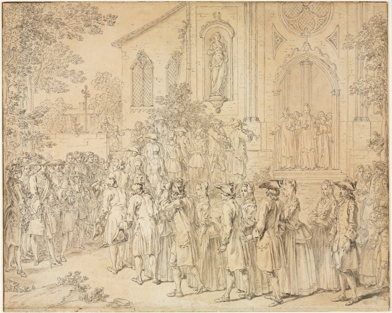 En procession som går in i en kyrka av Hubert François Bourguignon Gravelot