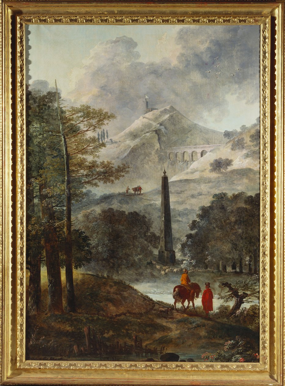Ett bergigt landskap med en obelisk av Hubert Robert