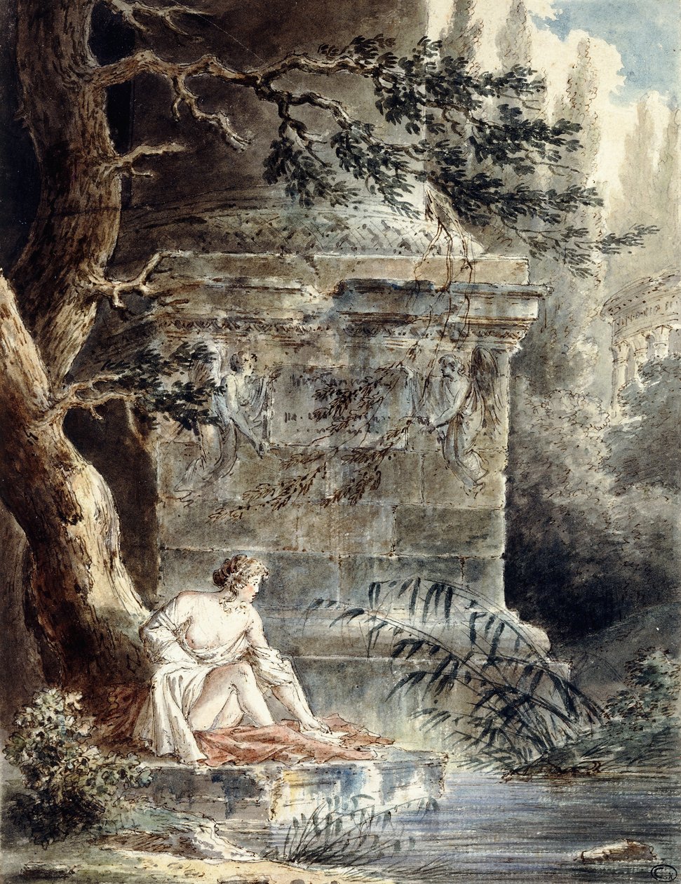 En ung badgäst nära en kolumn, av Hubert Robert