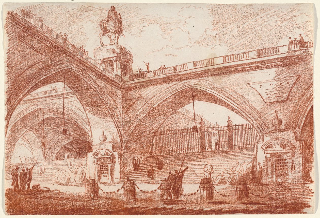 Arkitektonisk fantasi med en triumfbro av Hubert Robert