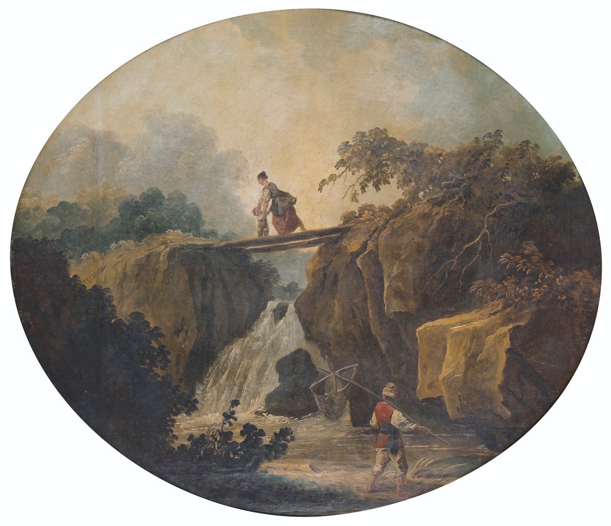 Franska: Landskap av ett vattenfall med en bro av Hubert Robert