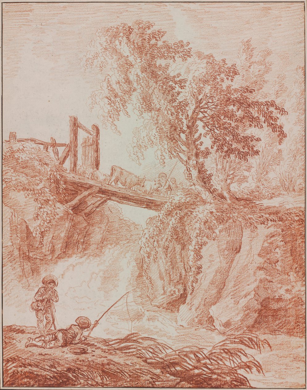 Herdar som korsar ett vattenfall av Hubert Robert
