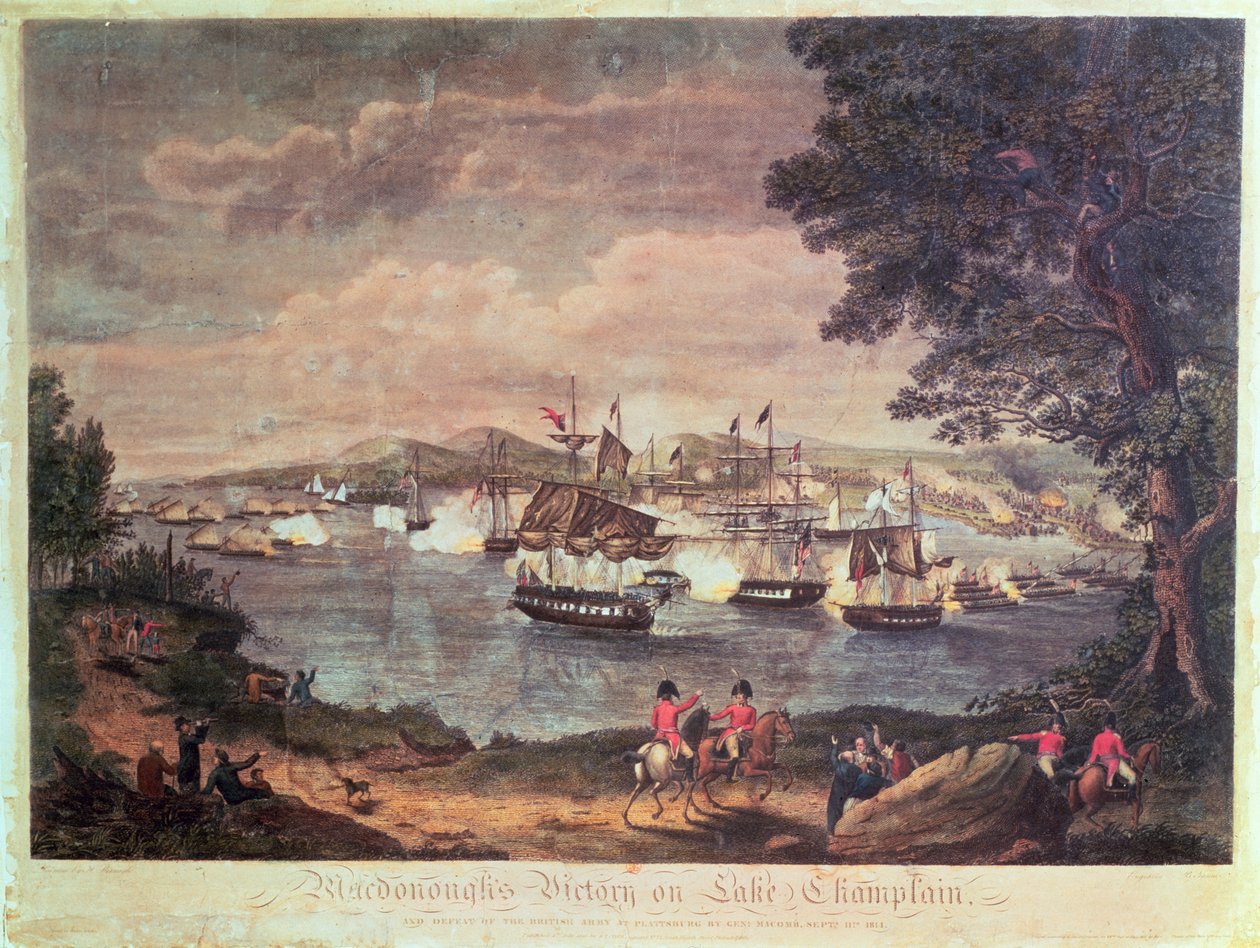 Macdonoughs seger vid Lake Champlain och general Macombs nederlag mot den brittiska armén vid Plattsburg den 11 september 1814, 1816 (färggravyr) av Hugh Reinagle