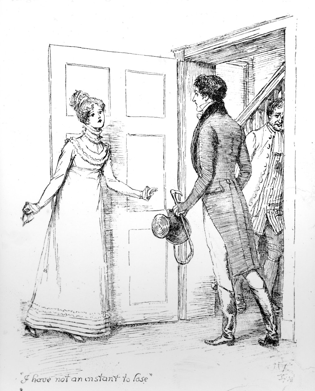 "Jag har inte ett ögonblick att förlora", illustration från "Pride and Prejudice" av Jane Austen, utgåva publicerad 1894 av Hugh Thomson