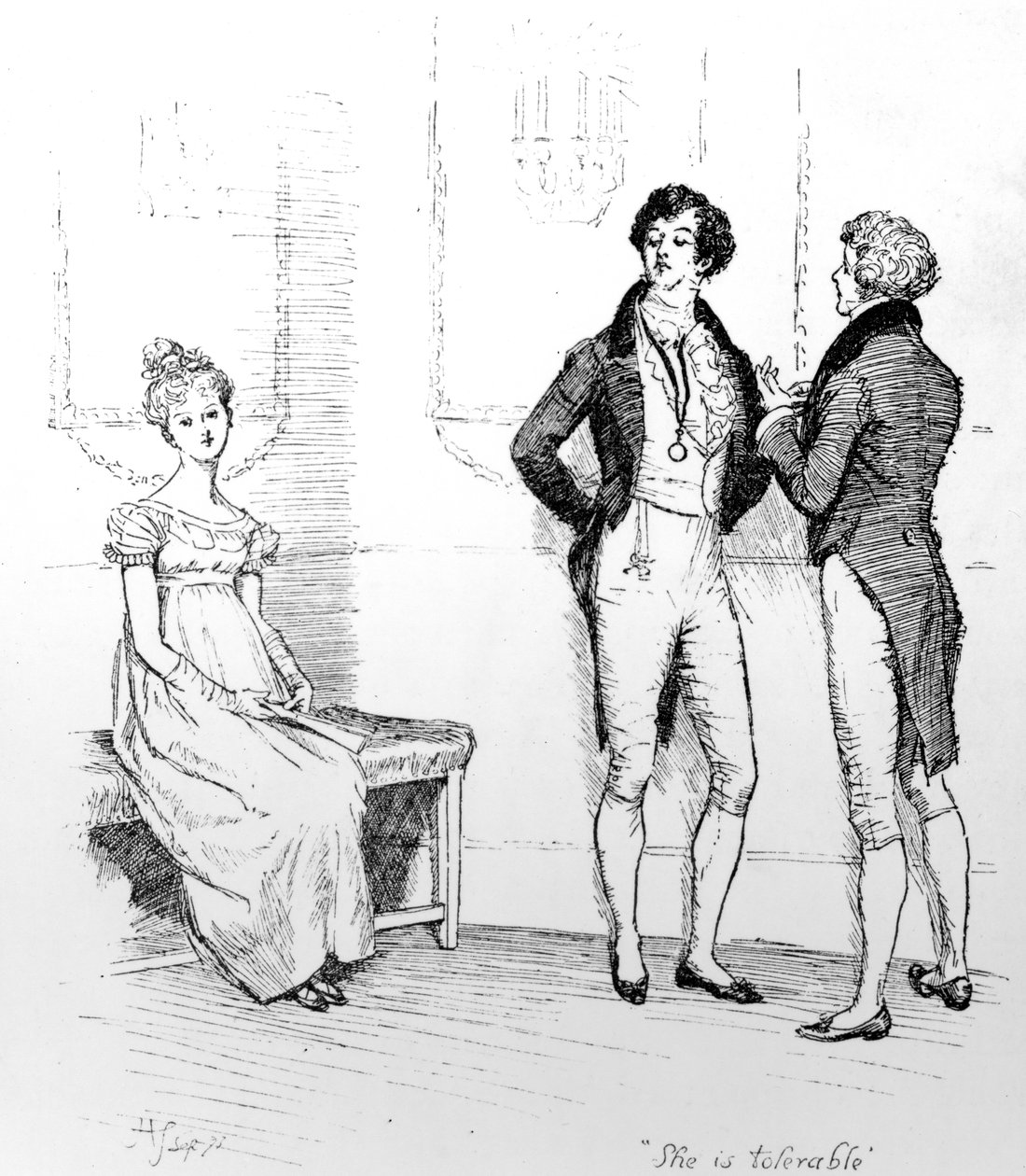 "She is tolerable", illustration från "Pride und Prejudice" av Jane Austen, utgåva publicerad 1894 av Hugh Thomson