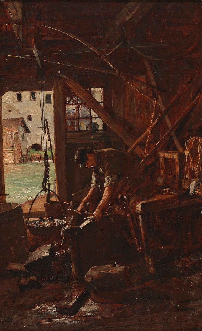  Ein Schmied in seiner WerkstattnEnglish: A Blacksmith in his Workshopn av Hugo Charlemont