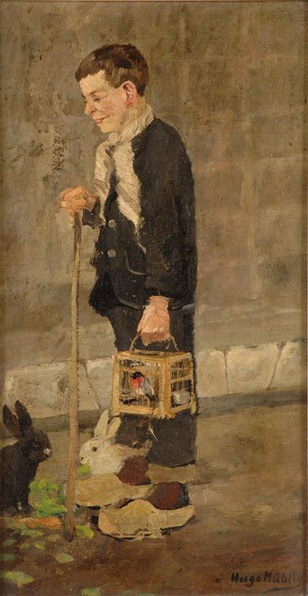 Knabe mit zwei Kaninchen und Vogelkafig av Hugo Muhlig