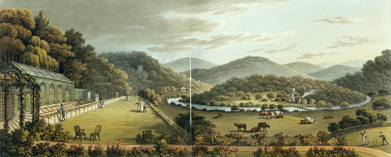 Allmän vy från söder- och östfronten av stugan i Endsleigh, Devon, (efter) från "Fragment on the Theory and Practice of Landscape Gardening", pub. 1816 av Humphry Repton