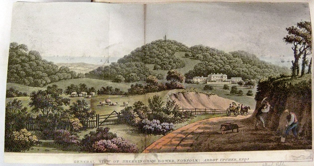 Allmän vy av Sherringham Bower, Norfolk: Abbot Upcher, ca 1812 av Humphry Repton