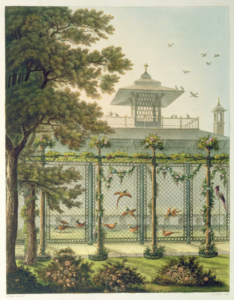 Fasanhuset, graverat av Joseph Constantine Stadler (fl.1780-1812) från "Designs for the Pavilion at Brighton", pub. 1808 av Humphry Repton