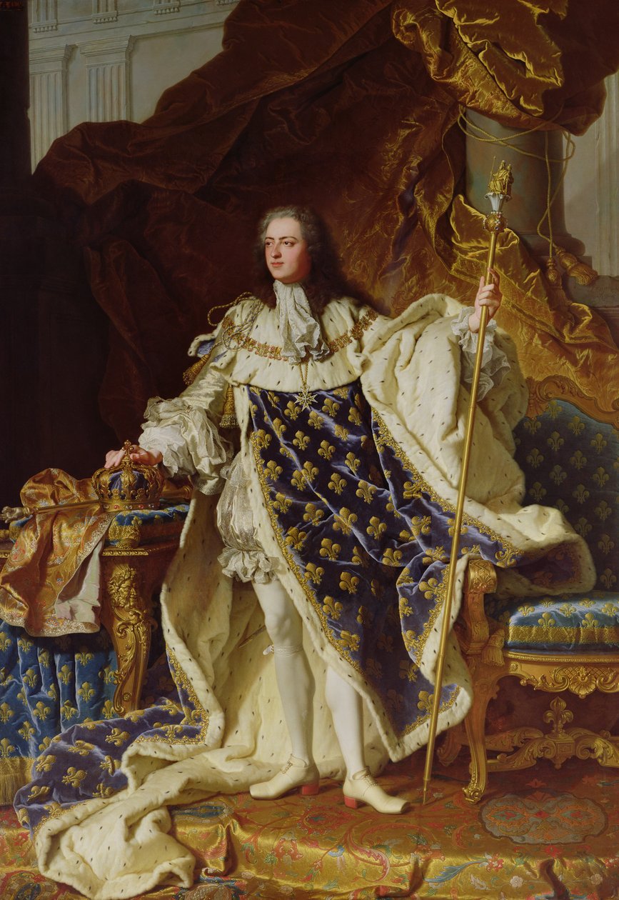 Porträtt av Ludvig XV (1715-74) i hans kröningsdräkt, 1730 av Hyacinthe Francois Rigaud