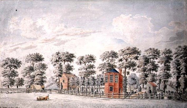 Utsikt över ett lusthus och trädgård av I. Chapman