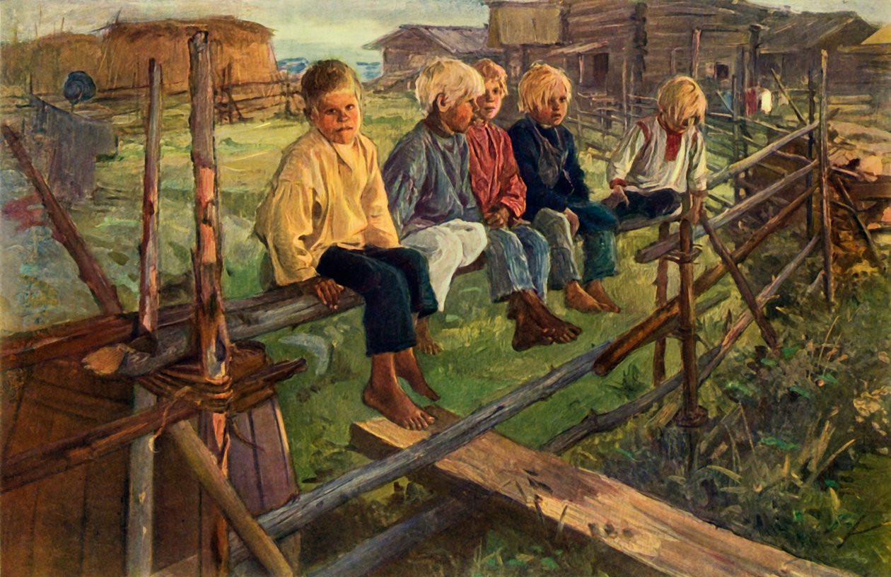 "Barn på ett staket sparvar", 1883, 1965. av Illarion Pryanishnikov