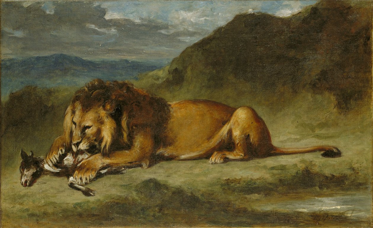 Lejon som slukar en get av Imitator of Eugène Delacroix