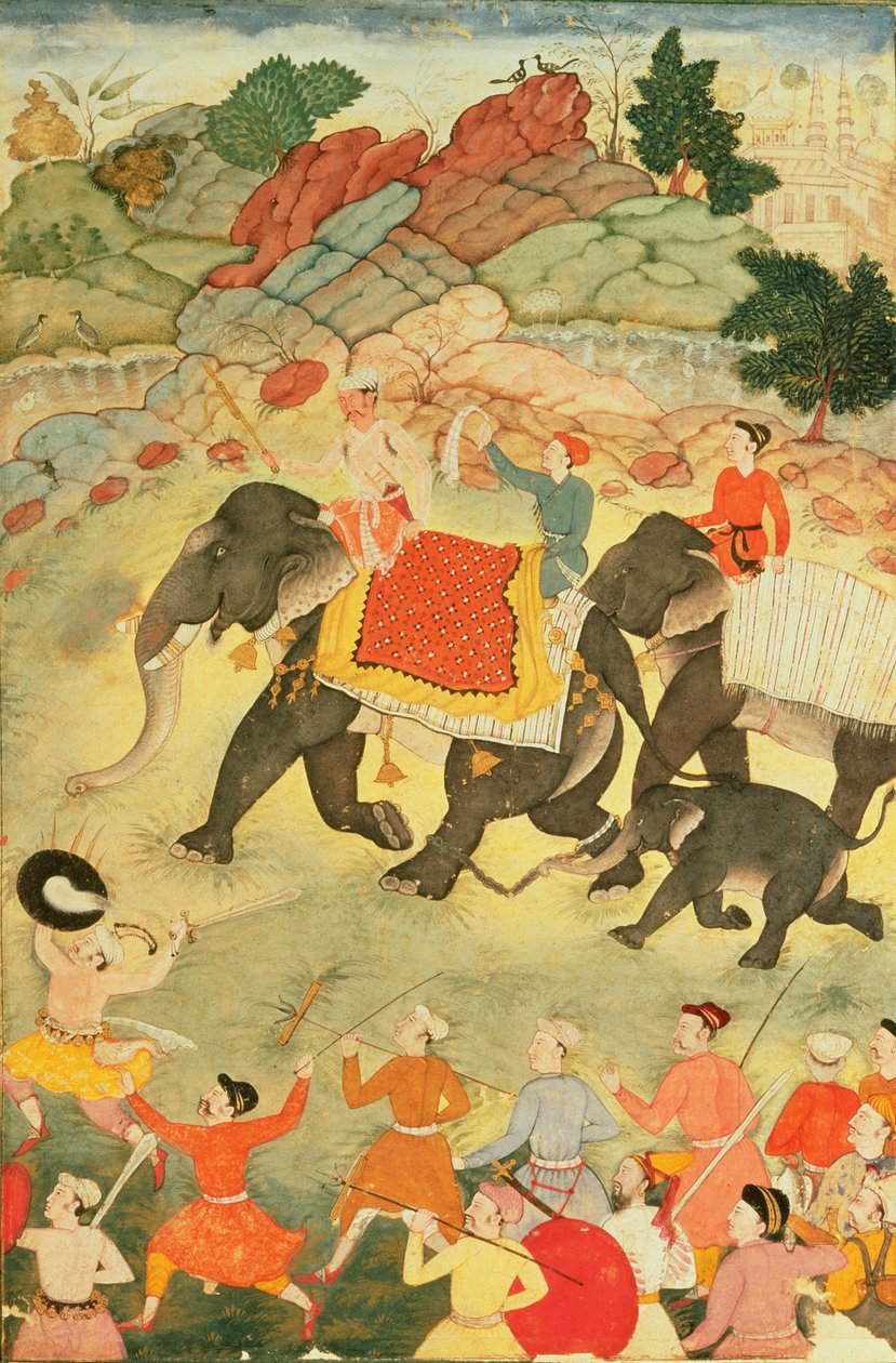 Ett sällskap av elefantjägare, Mughal, ca 1615, (tempera på papper) av Indian School