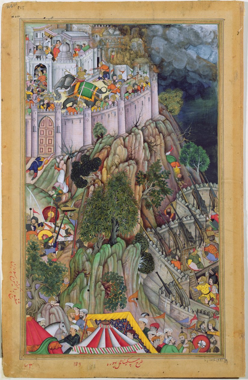 Akbars styrkor som belägrade Rai Surjan Hadas fort Ranthambhor i Rajasthan, 1569, från Akbarnama, Mughal, ca 1590-95 (ogenomskinlig wc & guld på papper) av Indian School